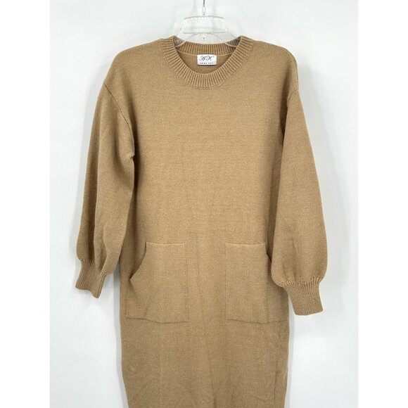 ANNA KAY sweater dress knit wool blend patch pockets midi long sleeve tan 2 - Picture 3 of 8
